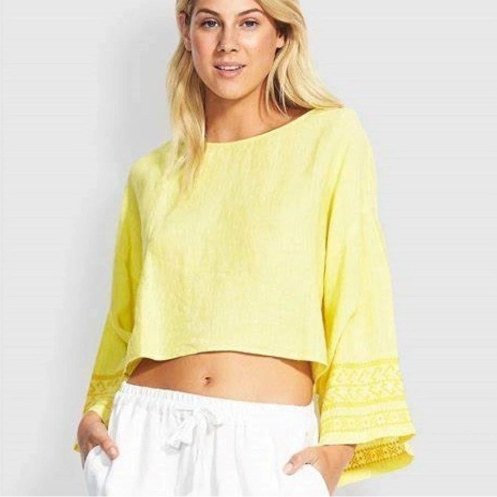 Seafolly Brightfolk Lime Light Cropped Oversized Flare Sleeves Linen Top